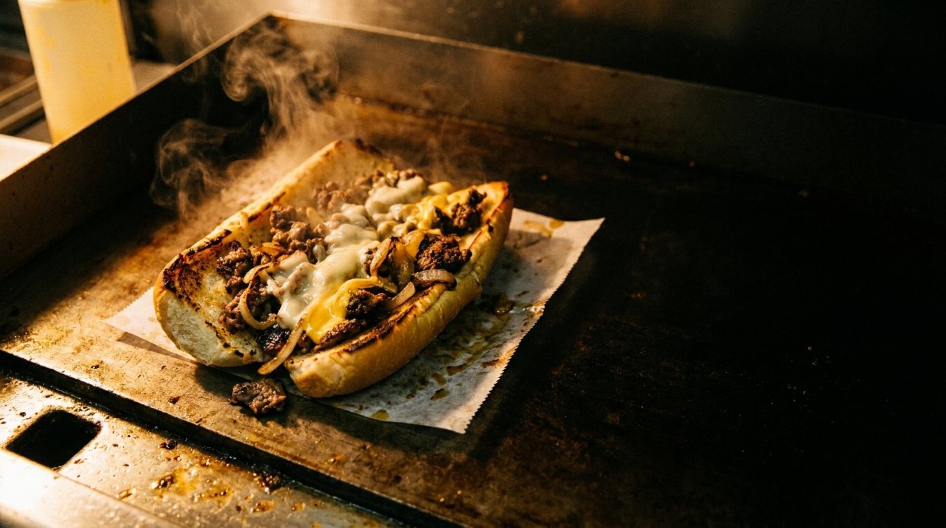 Steak and onions on the griddle